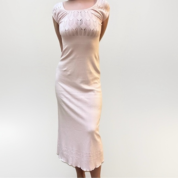 Free People Light Pink Bodycon Stretch Midi Maxi Long Dress Short Sleeve M/L - Picture 2 of 9